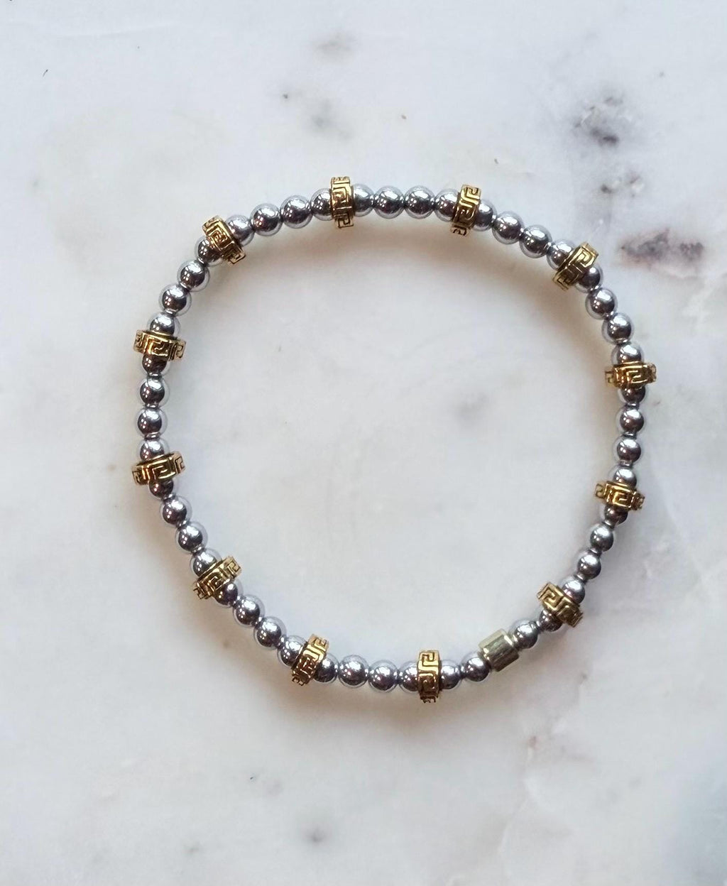 The Arcadia | Greek Key Hematite Stretch Bracelet | Waterproof Stackable Bracelet | Gold, Silver & Gunmetal | Everyday Greek Jewelry