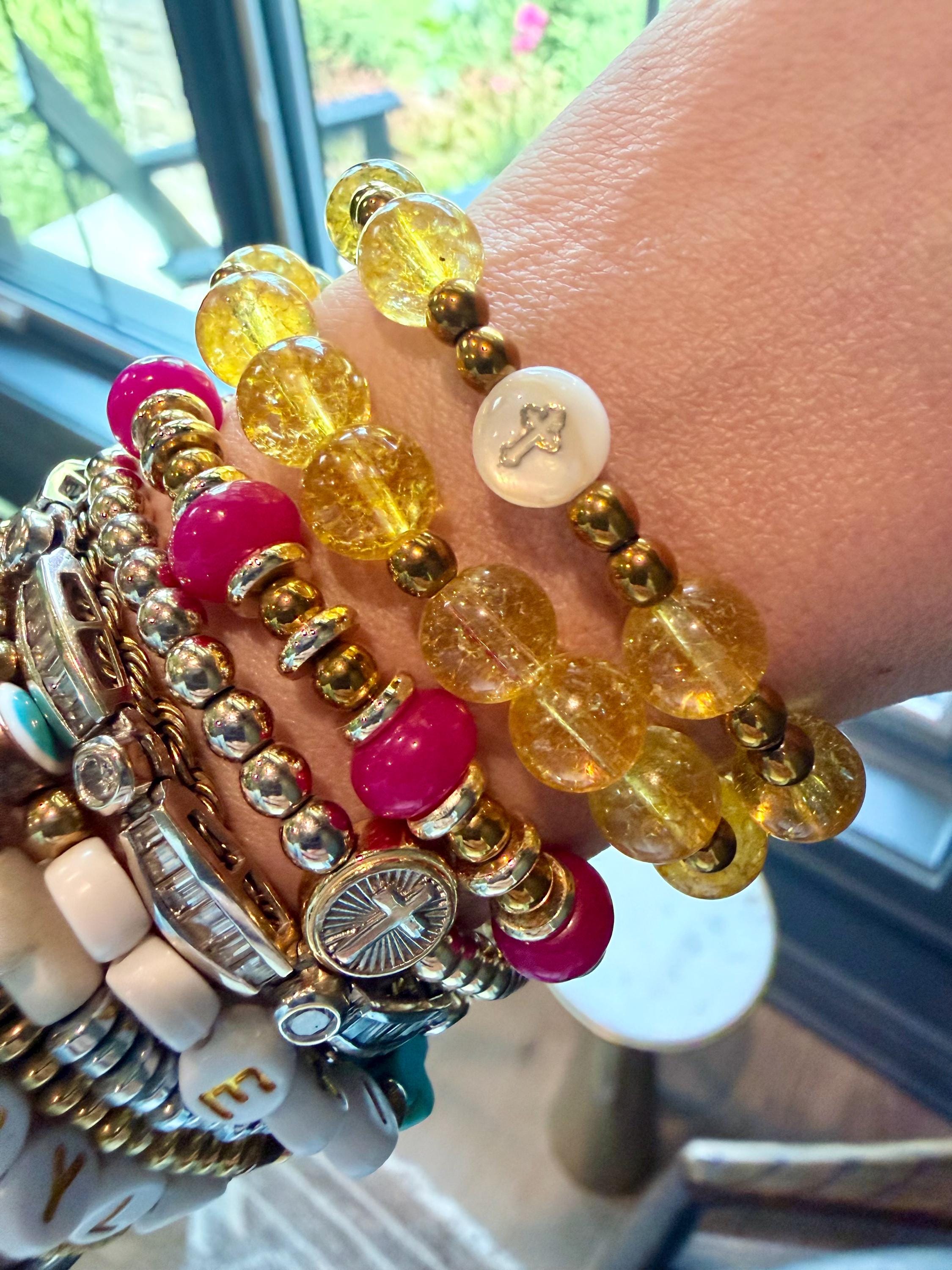 The Symi Sunset Stack | Handmade Citrine Gemstone Bracelet Set | Greek-Inspired Jewelry | Mother of Pearl Cross Archangel Michael Panormitis