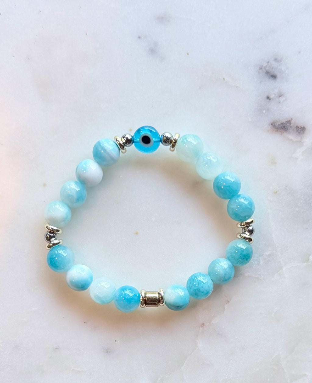 The Zante | Blue White Jade Evil Eye Bracelet | Greek Island Inspired | Handmade Stretch Bracelet