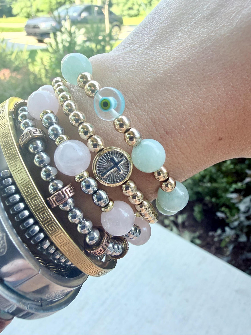 Aphrodite | Rose Quartz Cross Bracelet | Handmade Gemstone Stretch Bracelet | Greek-Inspired Jewelry | The Collected Bead