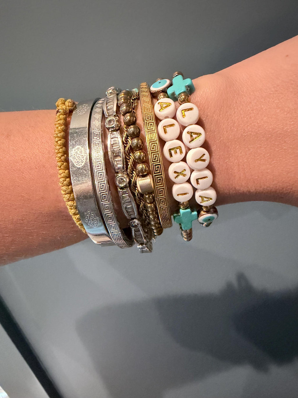 Personalized Name Bracelet with Evil Eye and Turquoise Cross – Gold Accent Beads