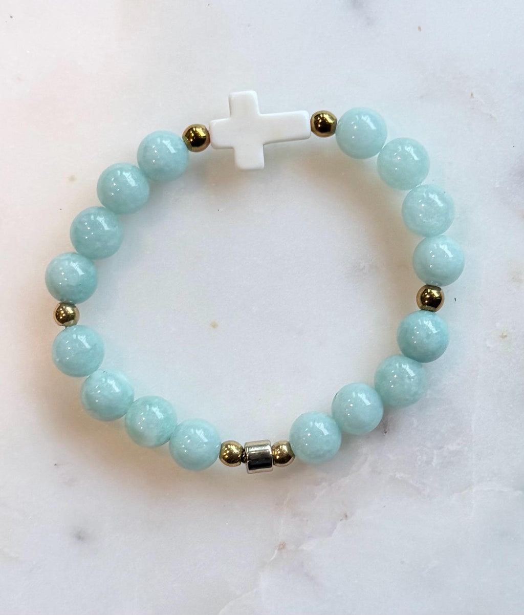 Santorini White Cross Jade Bracelet | Faith Inspired Stretch Bracelet | Christian Jewelry