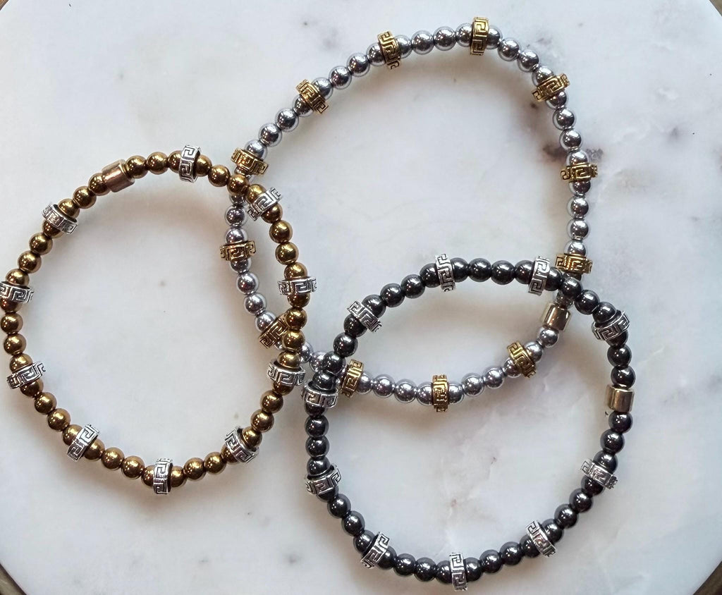 The Arcadia | Greek Key Hematite Stretch Bracelet | Waterproof Stackable Bracelet | Gold, Silver & Gunmetal | Everyday Greek Jewelry