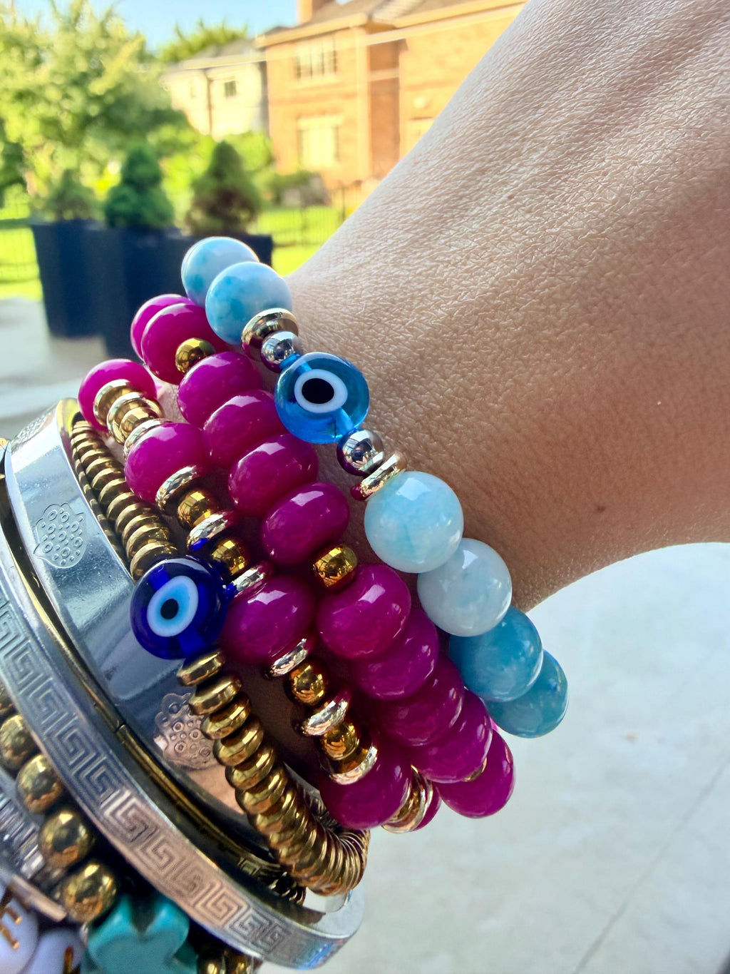 The Zante | Blue White Jade Evil Eye Bracelet | Greek Island Inspired | Handmade Stretch Bracelet