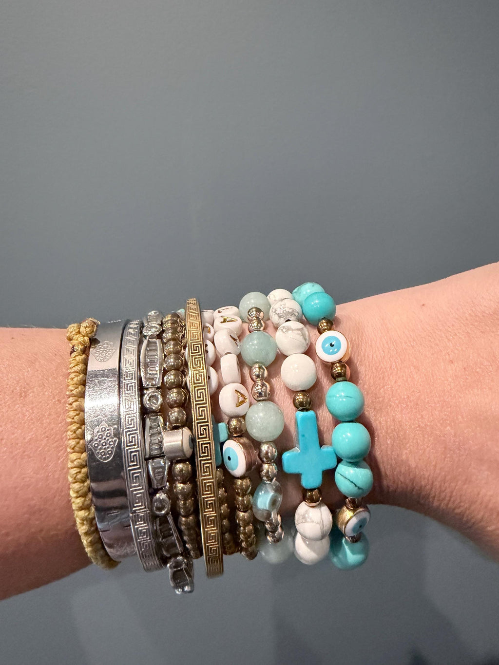 Milos Turquoise Evil Eye Bracelet, Greek Inspired, Gold Accents, Handmade Stretch Jewelry