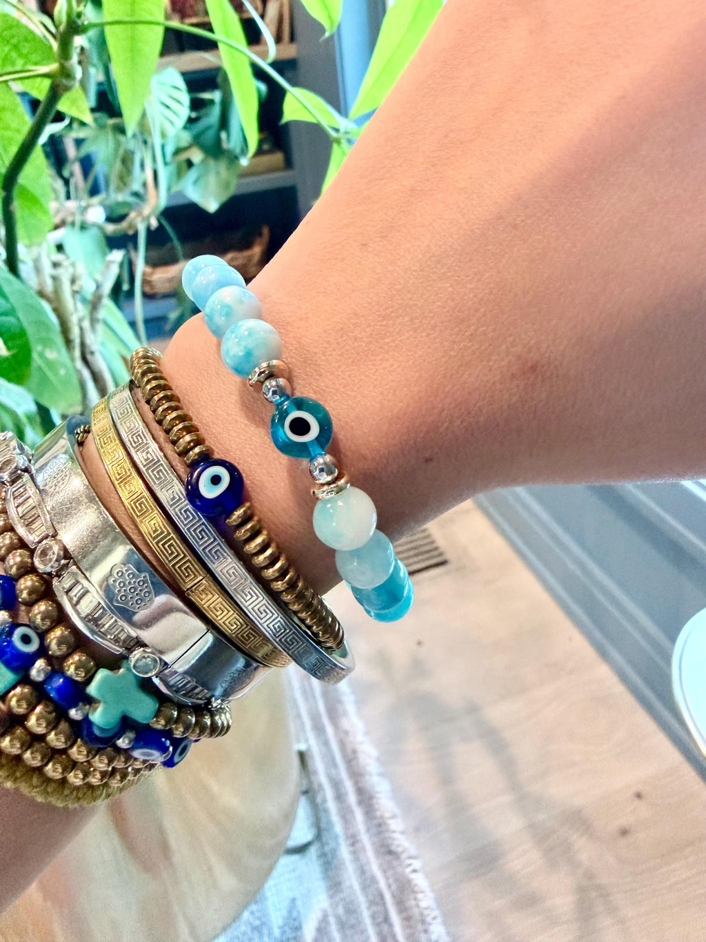 The Zante | Blue White Jade Evil Eye Bracelet | Greek Island Inspired | Handmade Stretch Bracelet