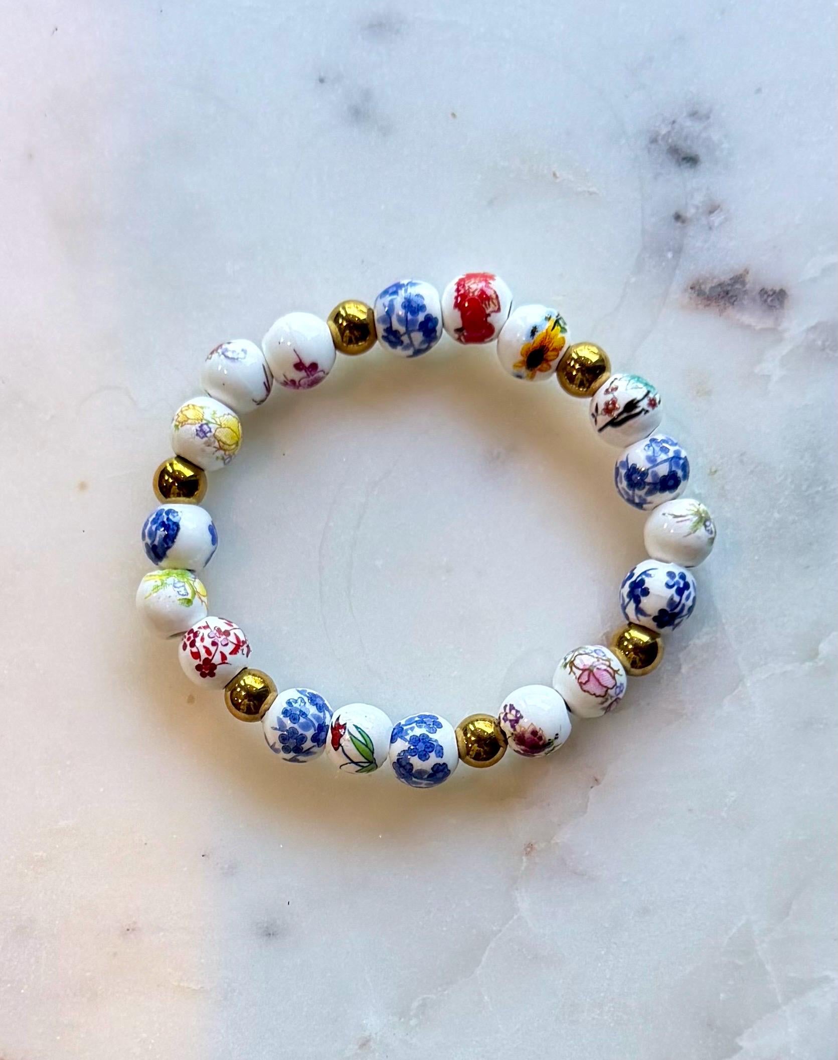 The Garden | Porcelain Floral Bracelet | Gold Hematite Stretch Bracelet | Cottagecore Jewelry | Handmade Bracelet