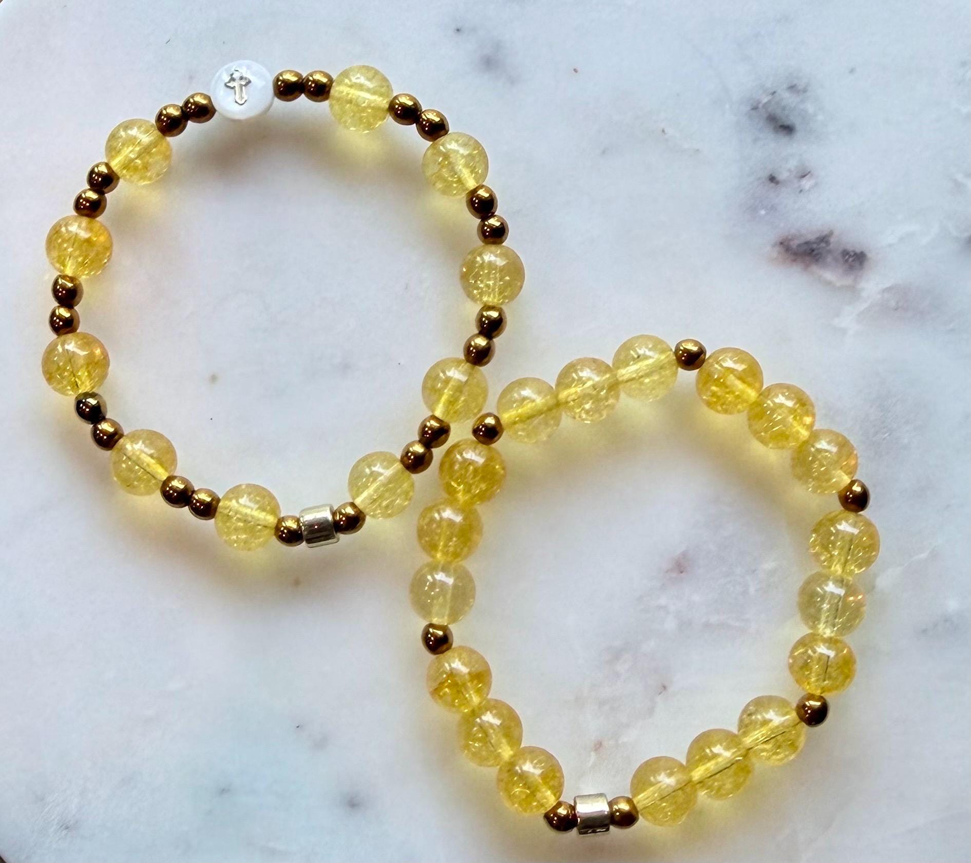 The Symi Sunset Stack | Handmade Citrine Gemstone Bracelet Set | Greek-Inspired Jewelry | Mother of Pearl Cross Archangel Michael Panormitis
