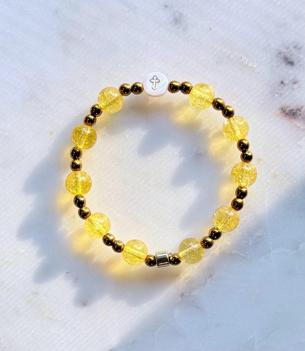 The Symi Sunset Stack | Handmade Citrine Gemstone Bracelet Set | Greek-Inspired Jewelry | Mother of Pearl Cross Archangel Michael Panormitis