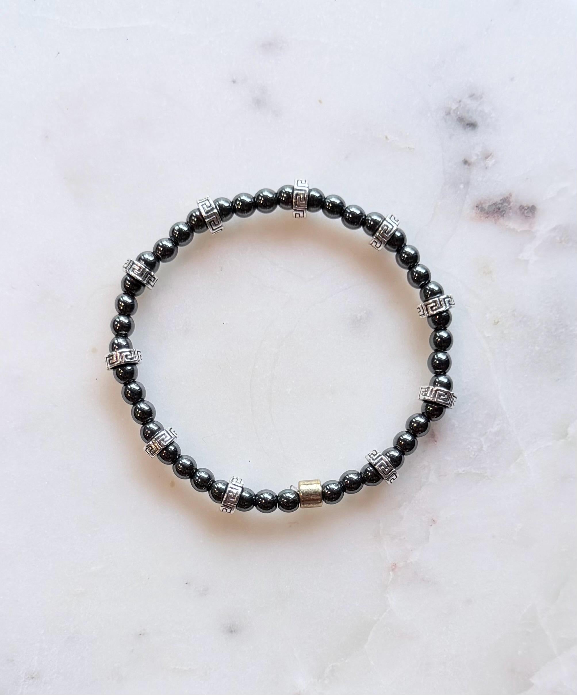 The Arcadia | Greek Key Hematite Stretch Bracelet | Waterproof Stackable Bracelet | Gold, Silver & Gunmetal | Everyday Greek Jewelry