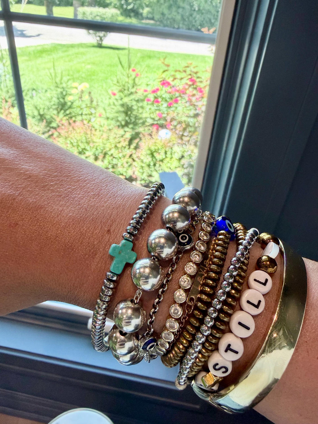 The Mykonos Cross Stacker | Turquoise Cross & Silver Hematite Bracelet