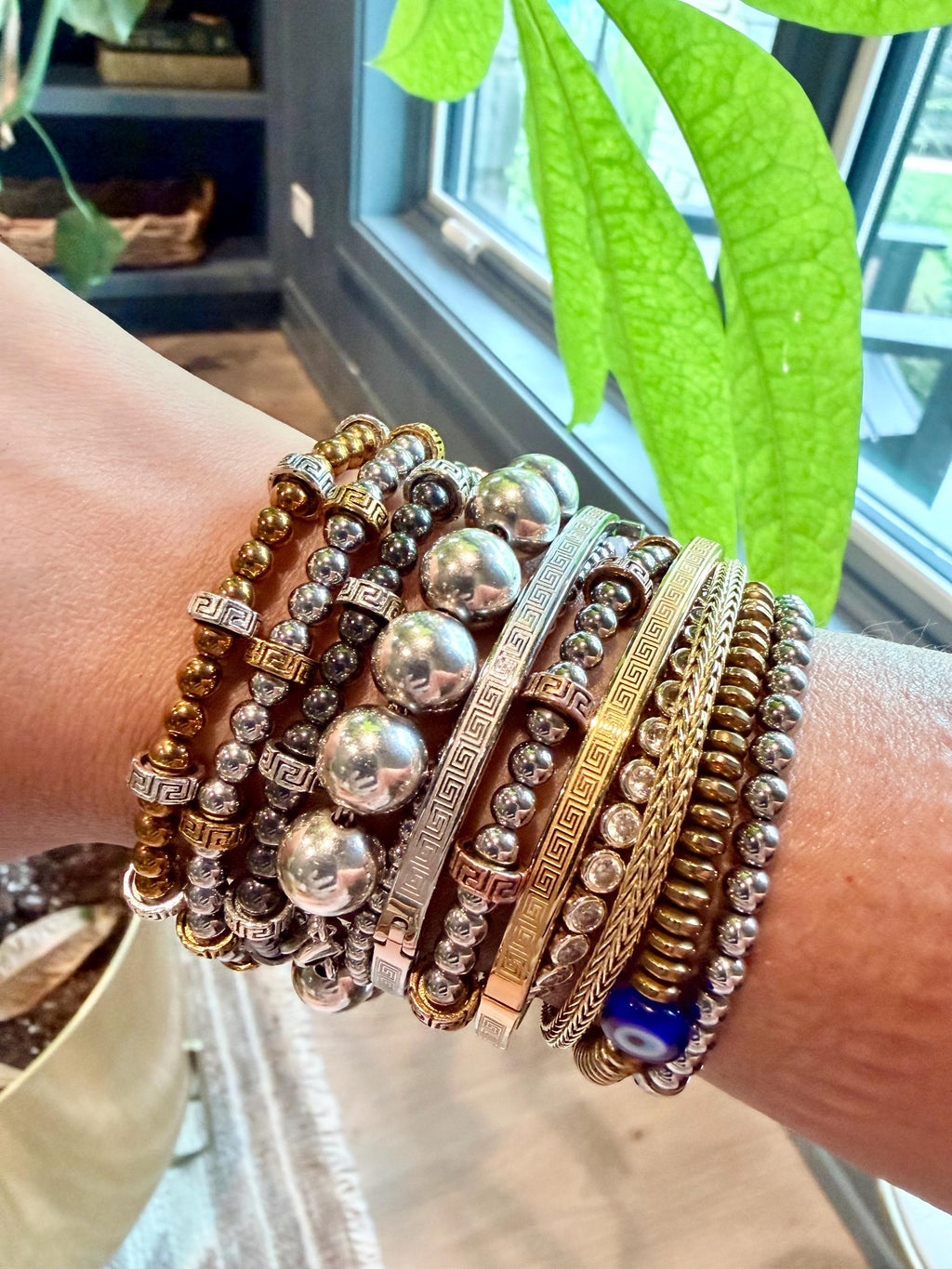 The Arcadia | Greek Key Hematite Stretch Bracelet | Waterproof Stackable Bracelet | Gold, Silver & Gunmetal | Everyday Greek Jewelry