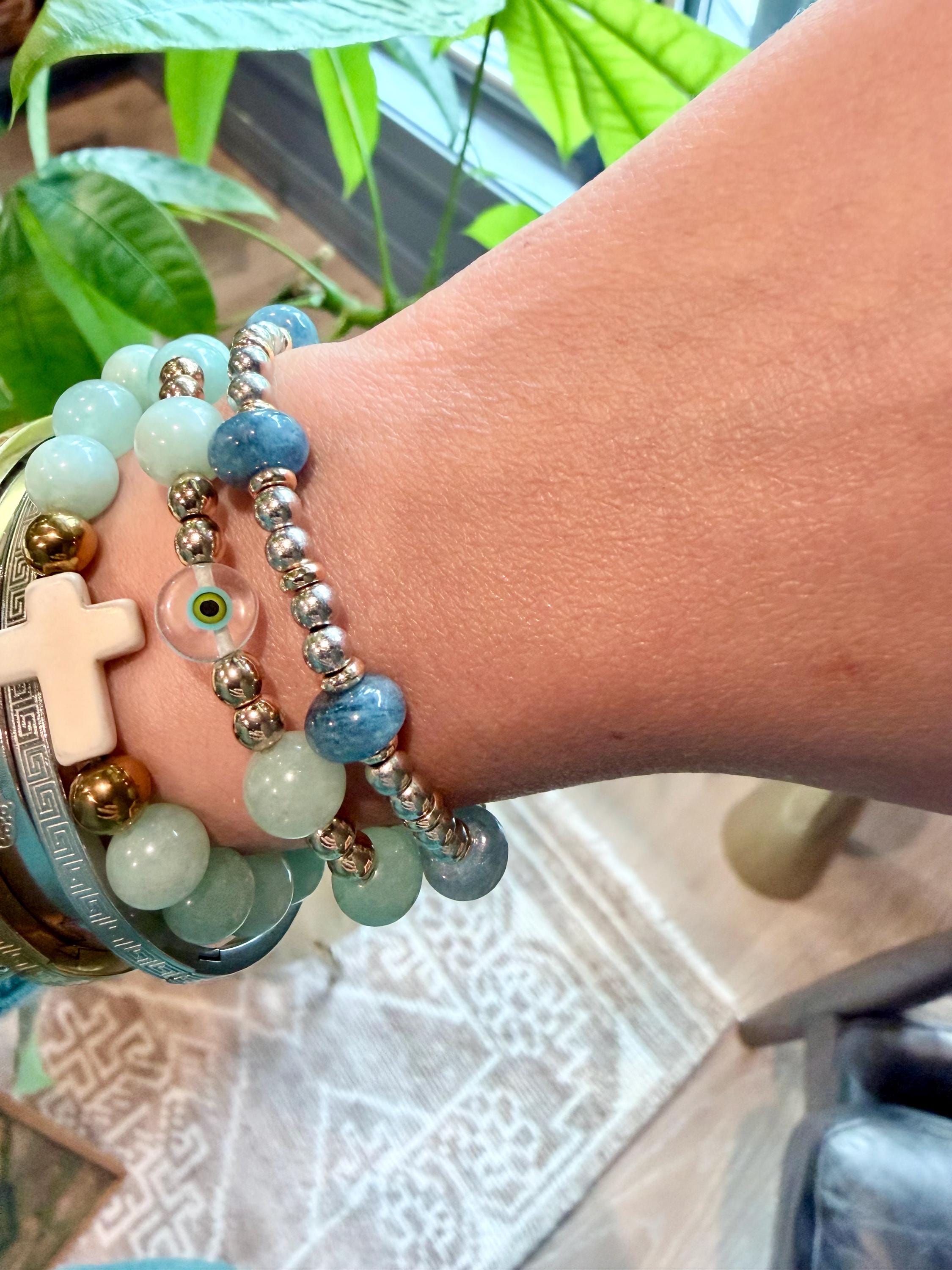 The Athena- Blue Apatite Gemstone Bracelet | Mixed Metal Accents, Stacking Coastal Jewelry