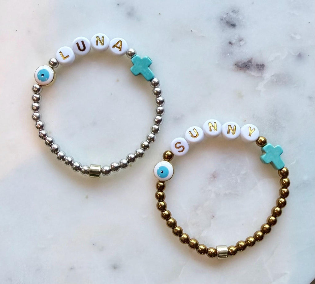Personalized Name Bracelet | Gold or Silver Hematite, Turquoise Cross Accent
