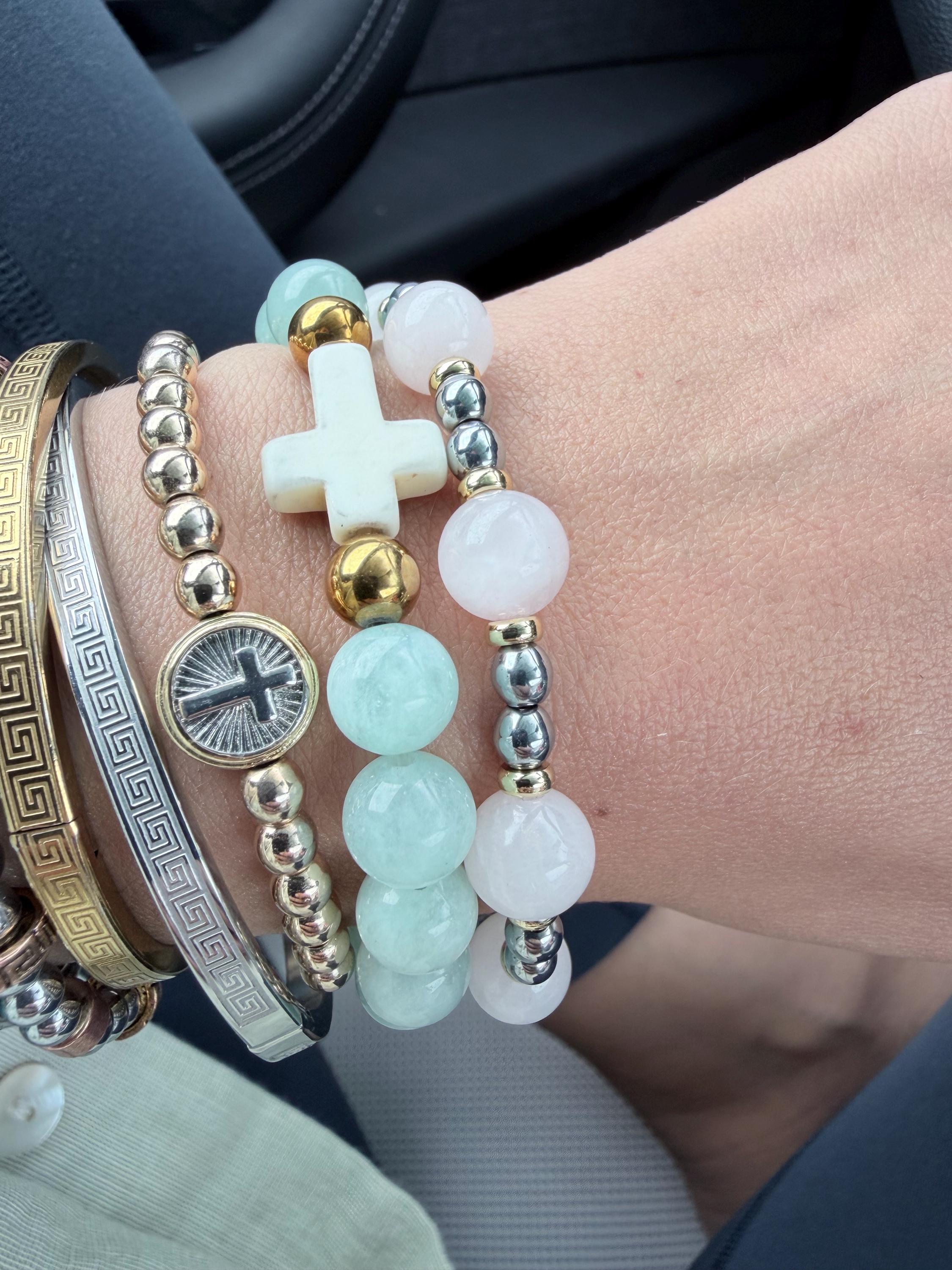 Aphrodite | Rose Quartz Cross Bracelet | Handmade Gemstone Stretch Bracelet | Greek-Inspired Jewelry | The Collected Bead