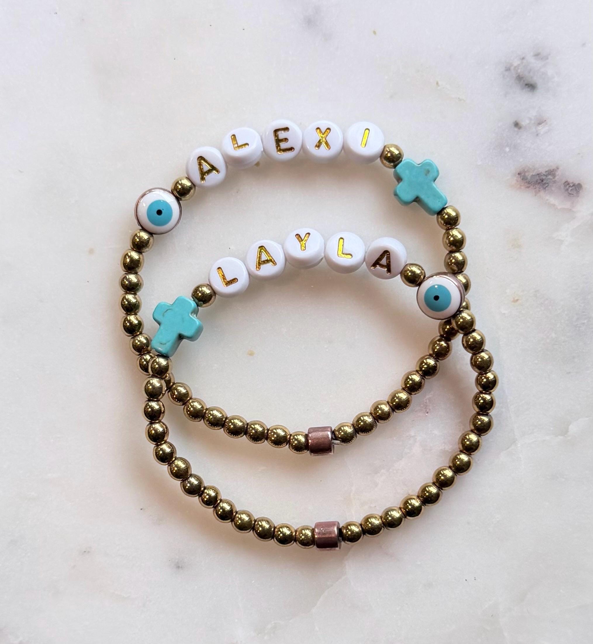 Personalized Name Bracelet with Evil Eye and Turquoise Cross – Gold Accent Beads