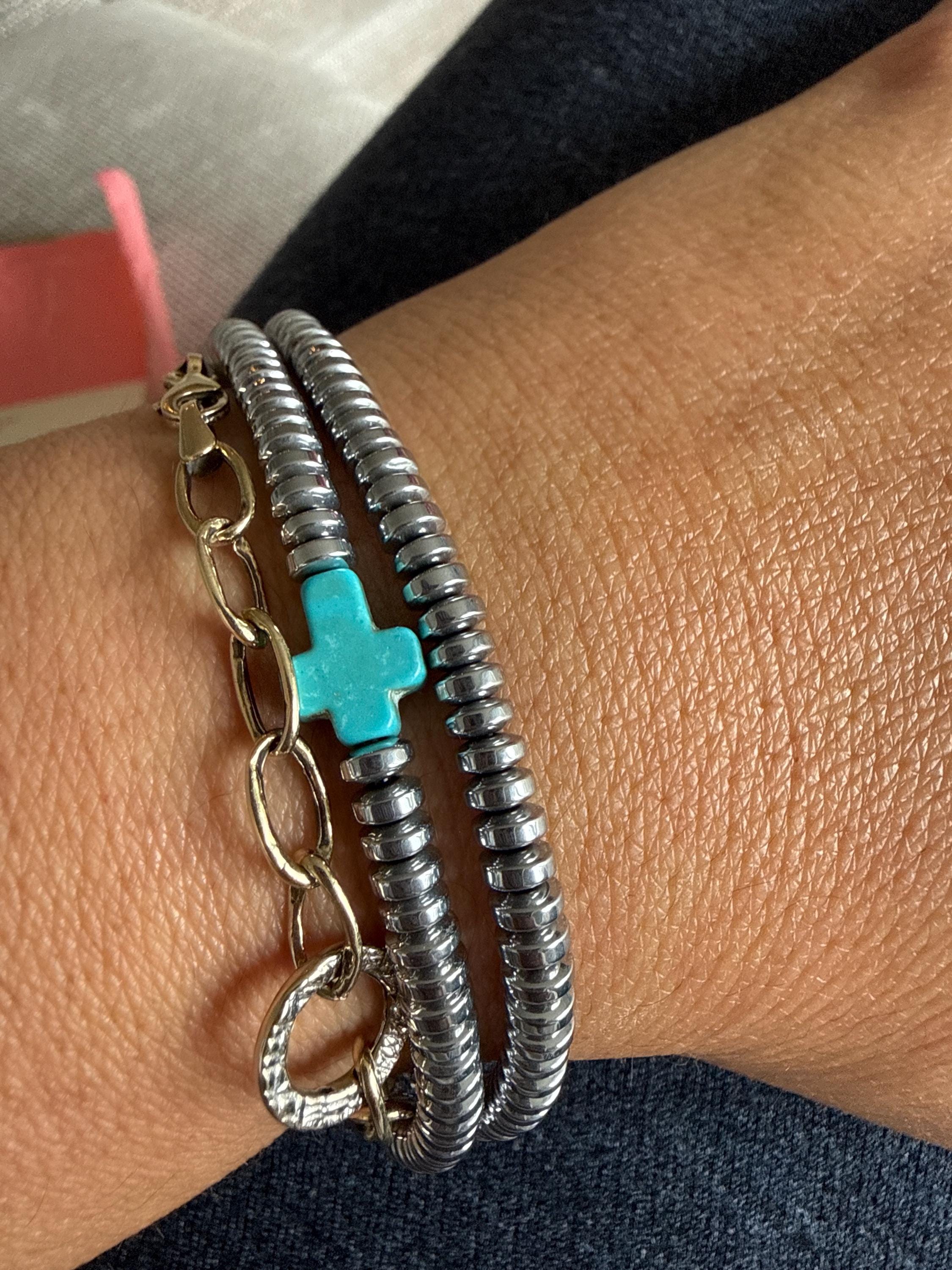 Mykonos Stacker Set | Silver Hematite Bracelet Set with Turquoise Cross