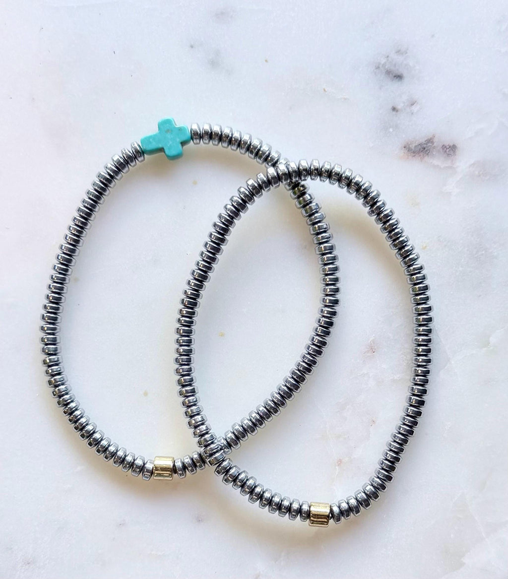 Mykonos Stacker Set | Silver Hematite Bracelet Set with Turquoise Cross