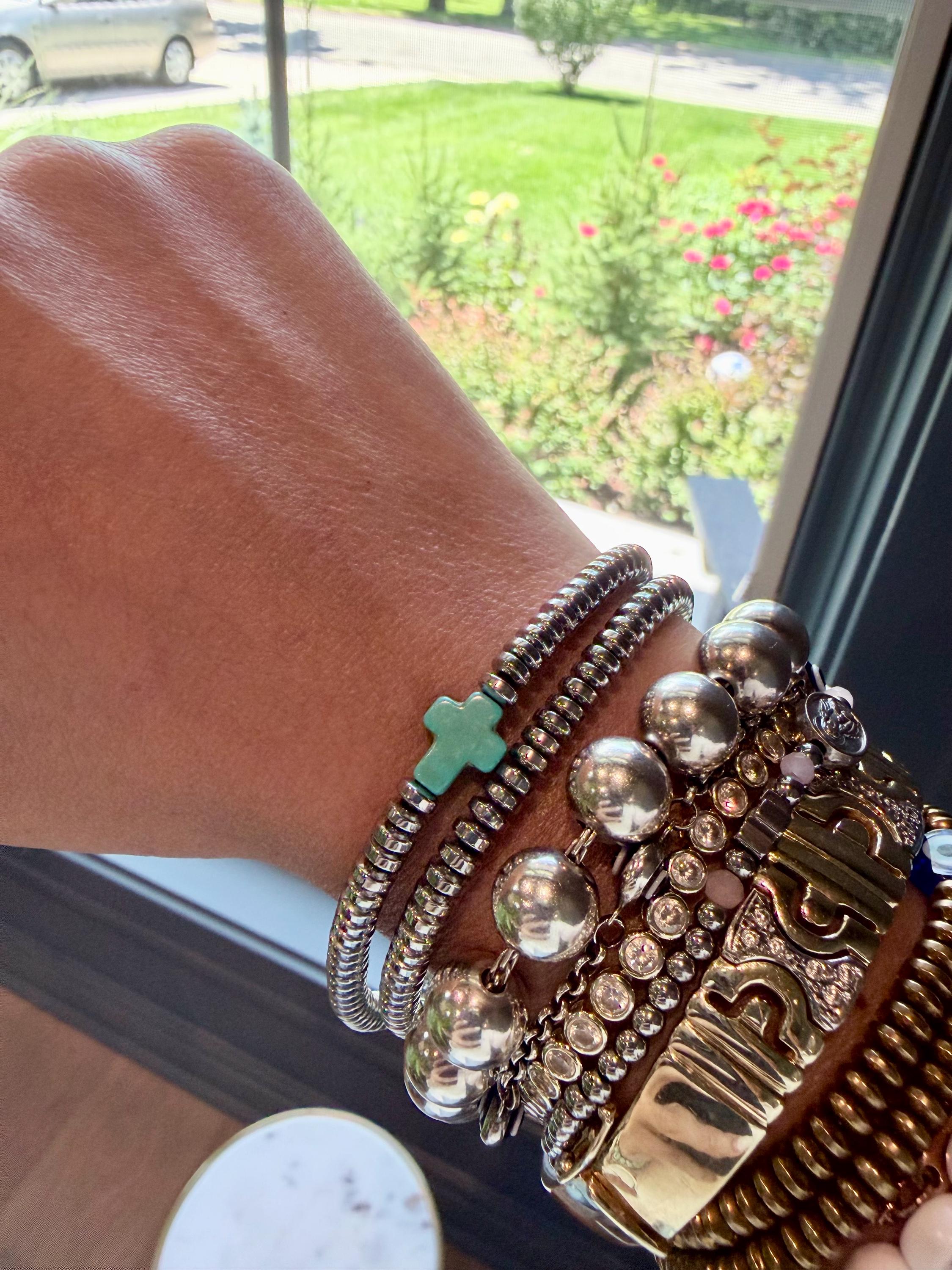 Mykonos Stacker Set | Silver Hematite Bracelet Set with Turquoise Cross