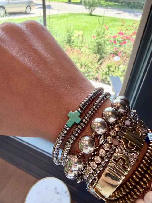 Mykonos Stacker Set | Silver Hematite Bracelet Set with Turquoise Cross