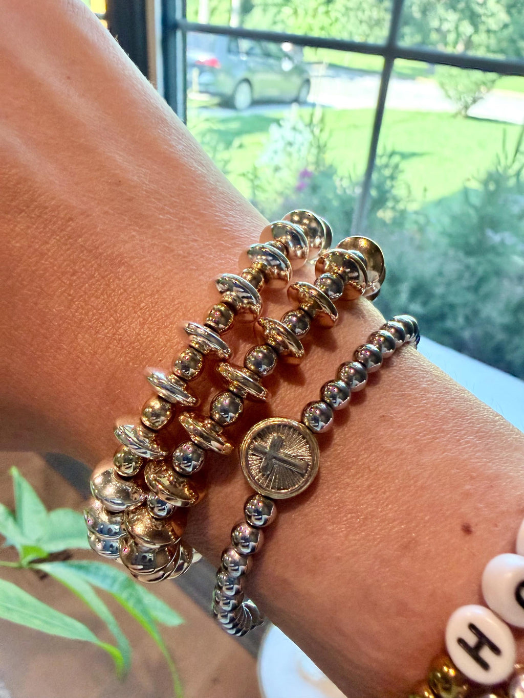 The Tripoli | Mixed Metal Rondelle Bracelet | Gold or Silver Greek Inspired Stretch Bracelet | Stackable Everyday Jewelry