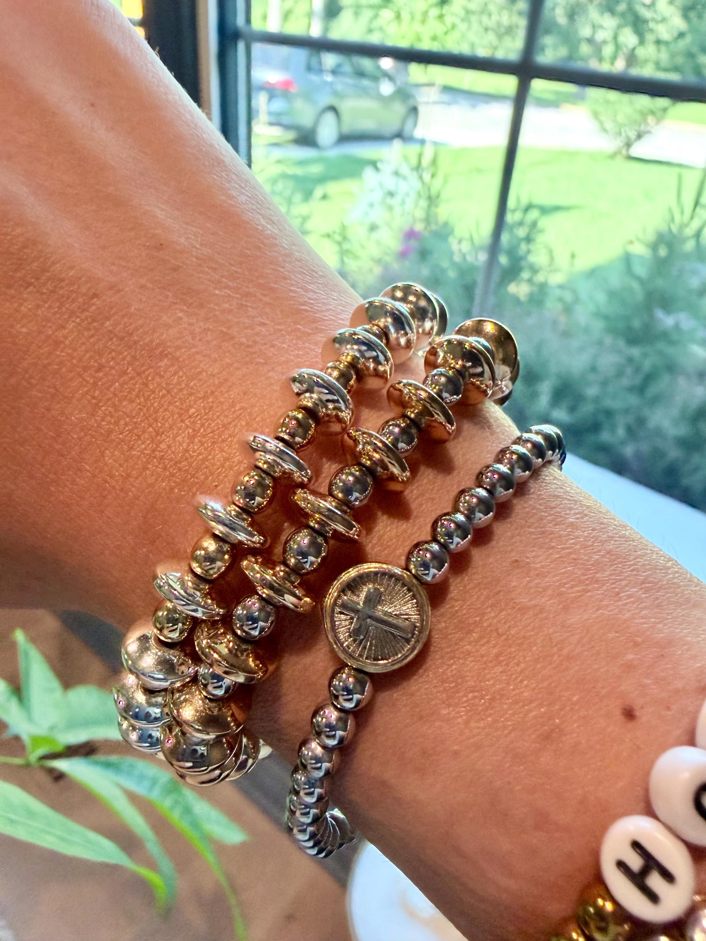 The Tripoli | Mixed Metal Rondelle Bracelet | Gold or Silver Greek Inspired Stretch Bracelet | Stackable Everyday Jewelry