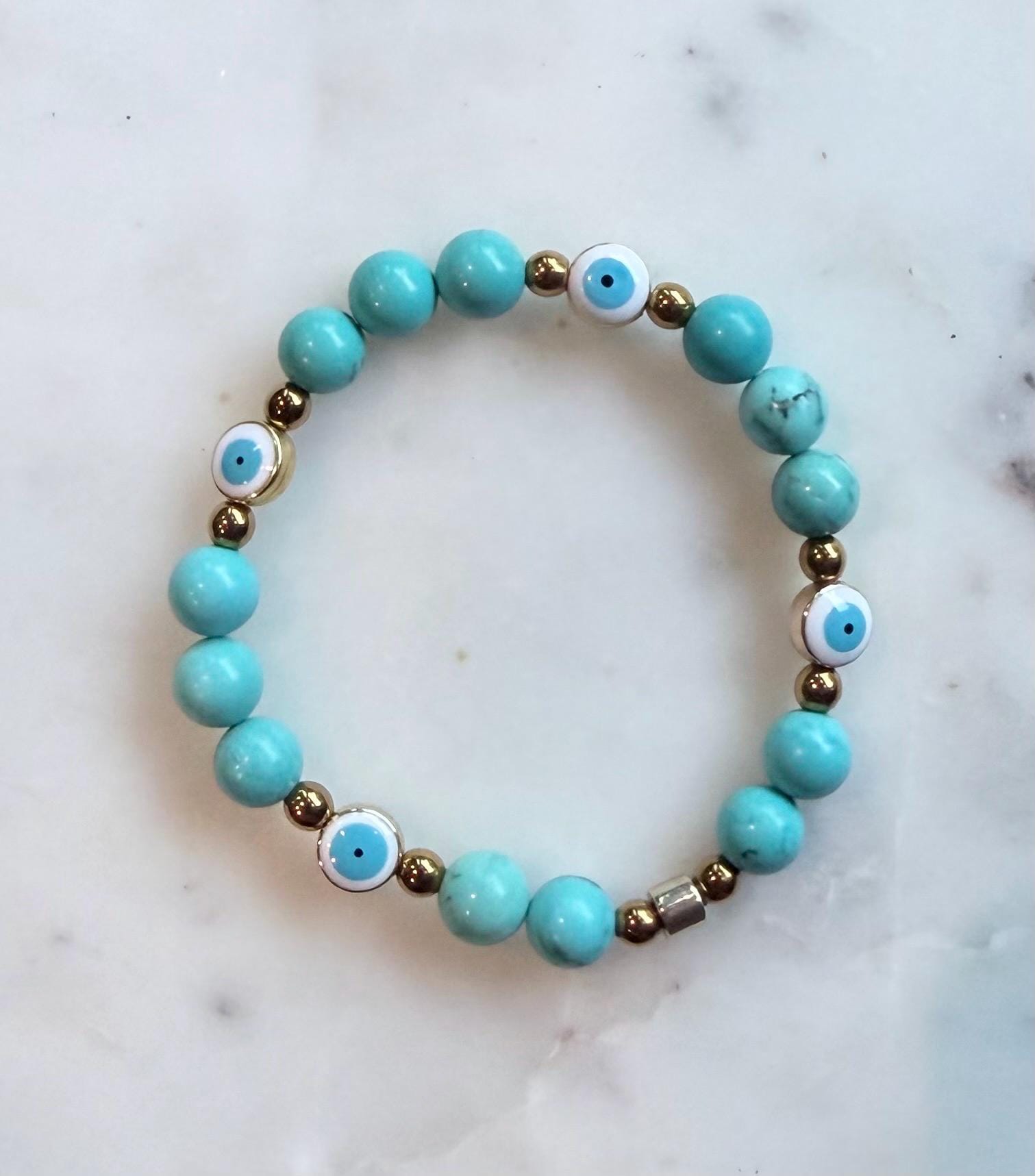 Milos Turquoise Evil Eye Bracelet, Greek Inspired, Gold Accents, Handmade Stretch Jewelry