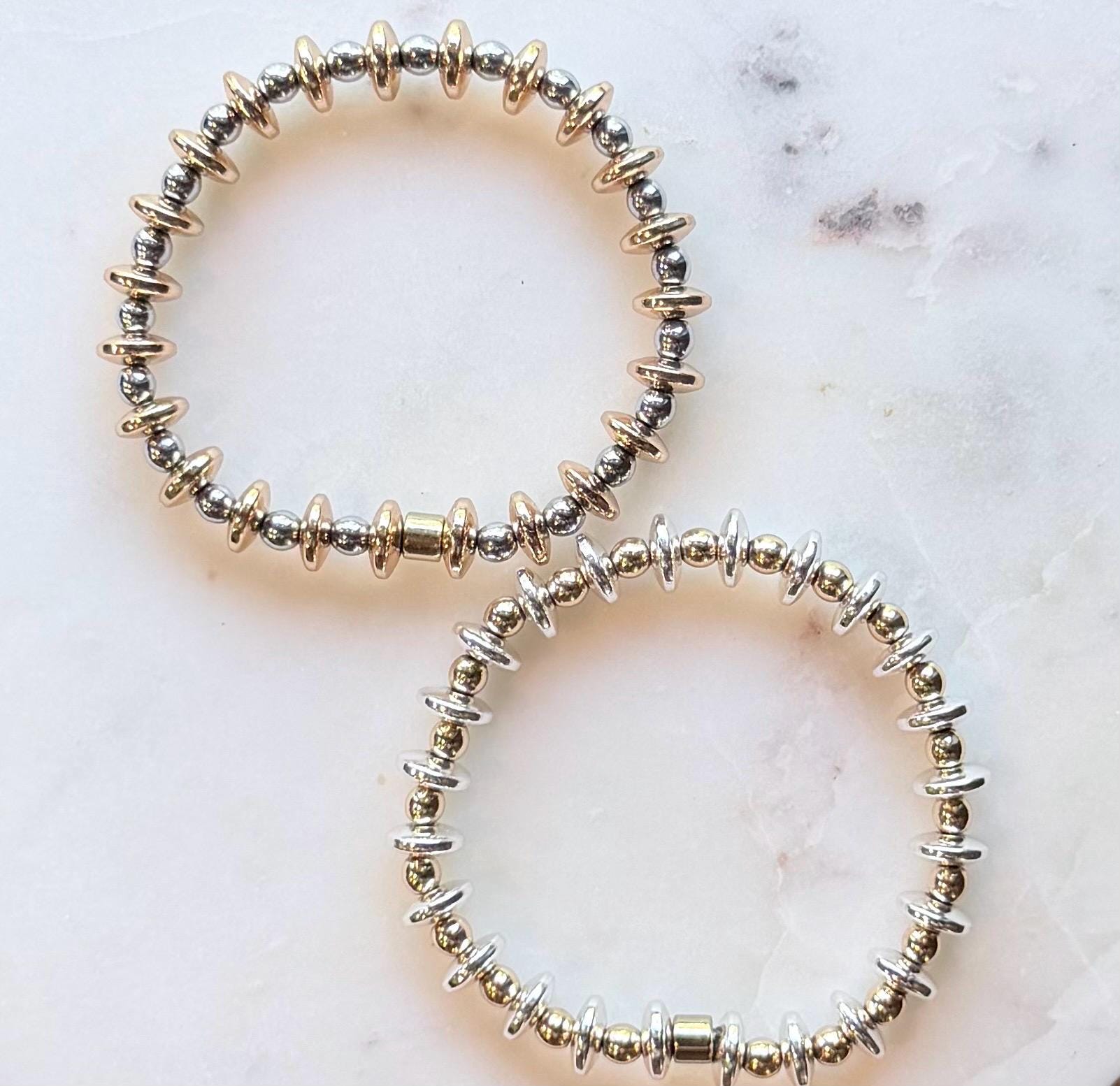 The Tripoli | Mixed Metal Rondelle Bracelet | Gold or Silver Greek Inspired Stretch Bracelet | Stackable Everyday Jewelry